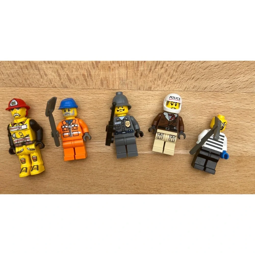 Lot of 5 Used LEGO Minifigures Fireman Police Construction Prisoner City